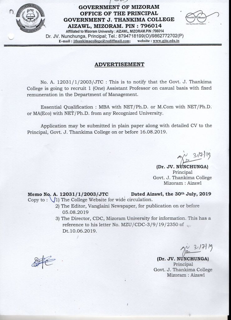 Gjtc 13th August 2019 Advertisement Of Recruiting 1 Asst Prof In Bba Casual Government J Thankima College